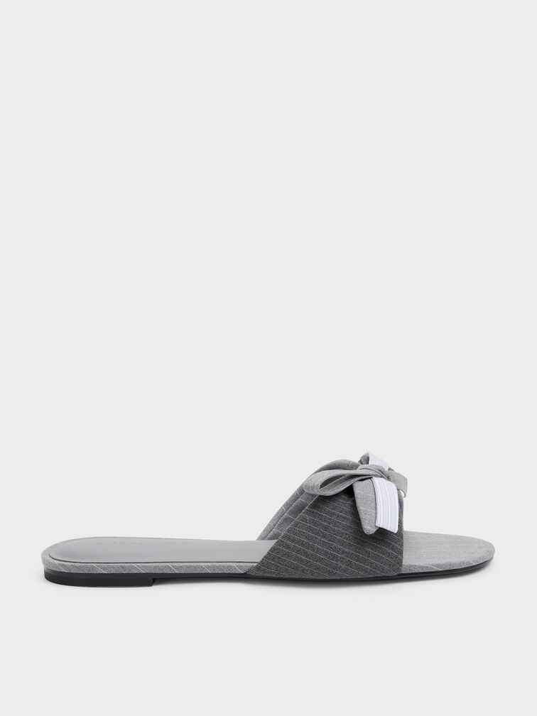 Striped Knot-Bow Slide Sandals, Grey, hi-res