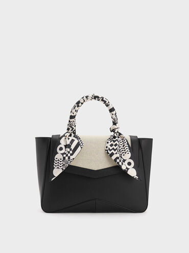 Arley Canvas Scarf-Wrapped Top Handle Bag, Black Textured, hi-res
