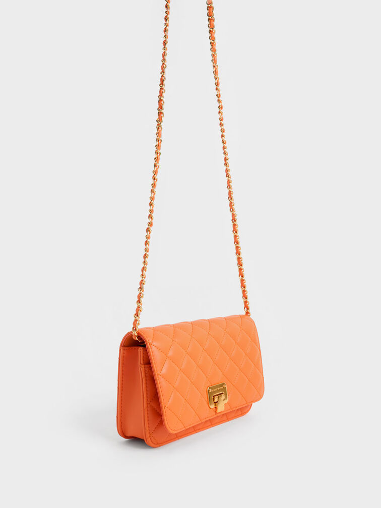 Push-Lock Chain Handle Clutch, Orange, hi-res