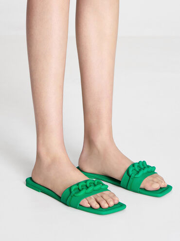Chunky Chain-Link Slide Sandals, Green, hi-res