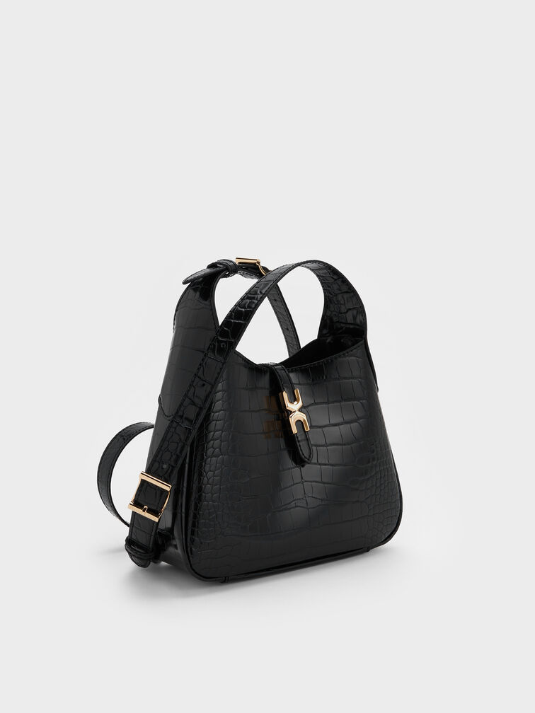 Mini Adalyn Croc-Effect Metallic-Buckle Belted Hobo Bag, Black Croco, hi-res