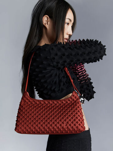 Spike Textured Shoulder Bag, Red, hi-res