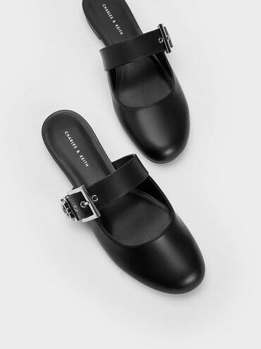 Buckled Flat Mules, Black, hi-res