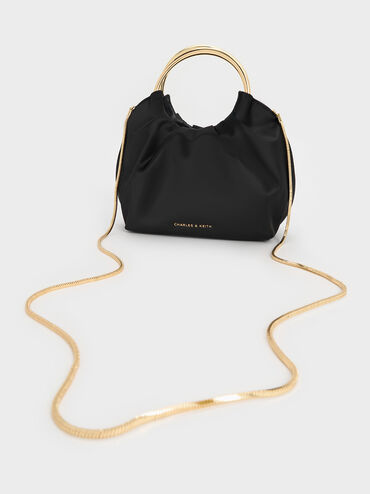 Satin Ruched Ring-Handle Bag, Black, hi-res