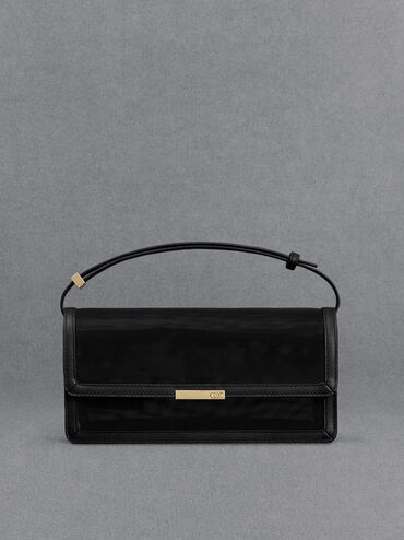 Mesh & Leather Shoulder Bag, Black, hi-res