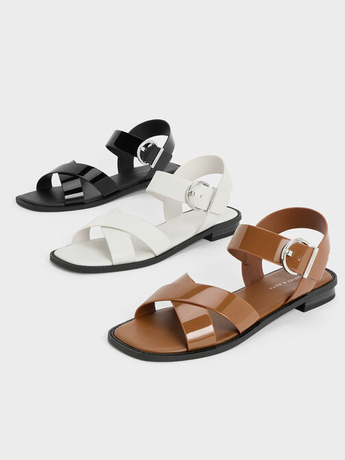 Patent Crossover Strap Sandals, Cognac, hi-res