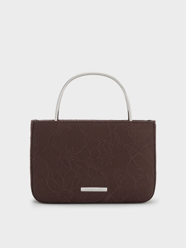 Jennis Lace & Satin Top Handle Bag, Dark Brown Textured, hi-res