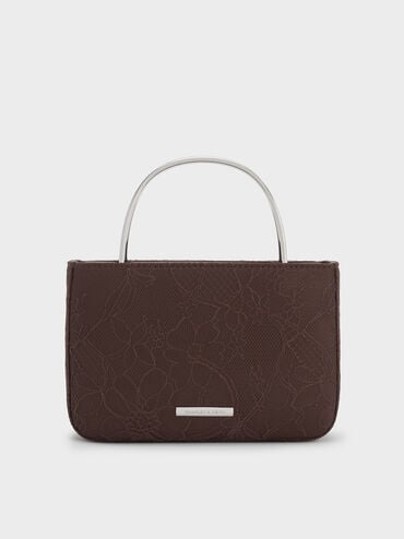 Jennis Lace & Satin Top Handle Bag, Dark Brown Textured, hi-res