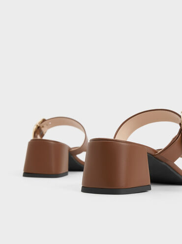 Oval Buckle-Accent Trapeze-Heel Mules, Cognac, hi-res