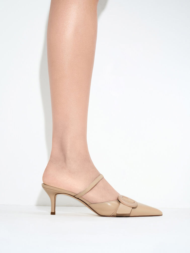Oval-Buckle Pointed-Toe Mules, Beige, hi-res