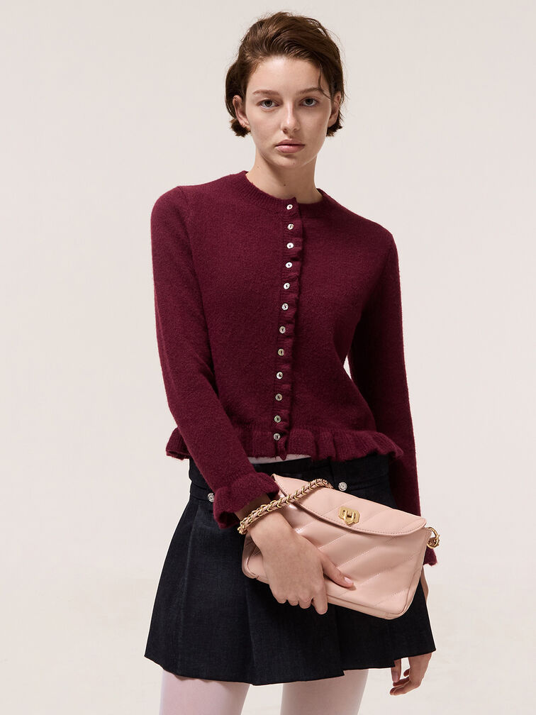 Fawn Panelled Front Flap Chain-Handle Bag, Light Pink, hi-res