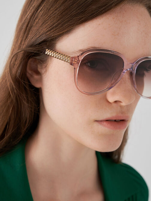 Metallic Braided Temple Acetate Aviator Sunglasses, Pink, hi-res