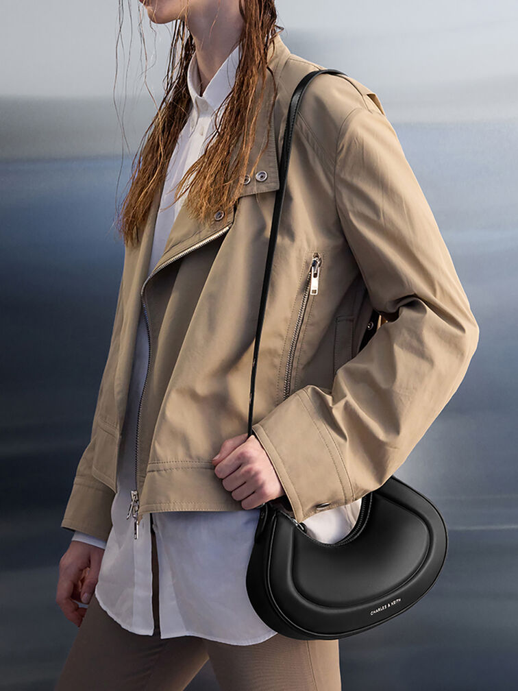 Petra Grommet-Strap Curved Shoulder Bag, Noir, hi-res