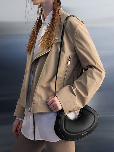 Petra Grommet-Strap Curved Shoulder Bag, Noir, hi-res