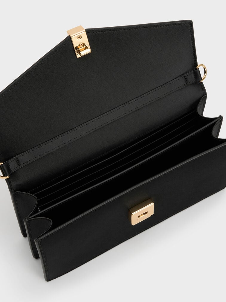 Taisia Satin Chain-Strap Envelope Bag, Black, hi-res