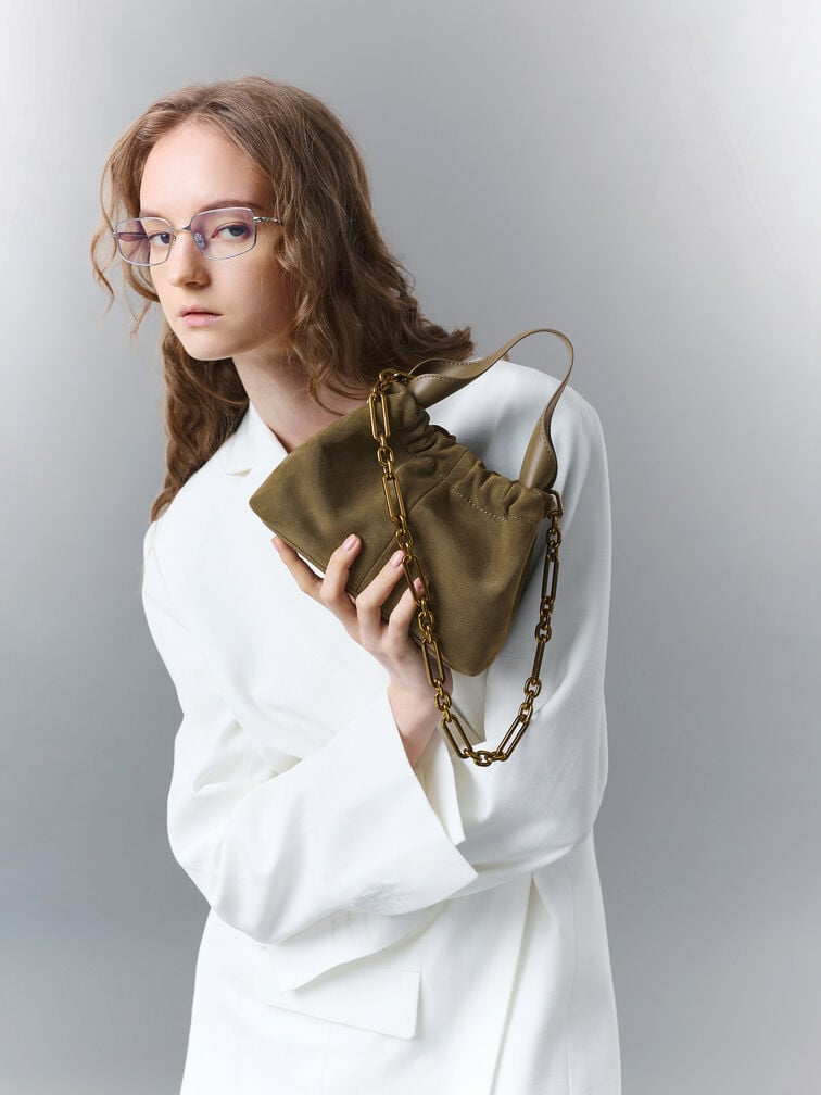 Ally Recycled Suede Ruched Slouchy Chain-Handle Bag, Deep Olive, hi-res