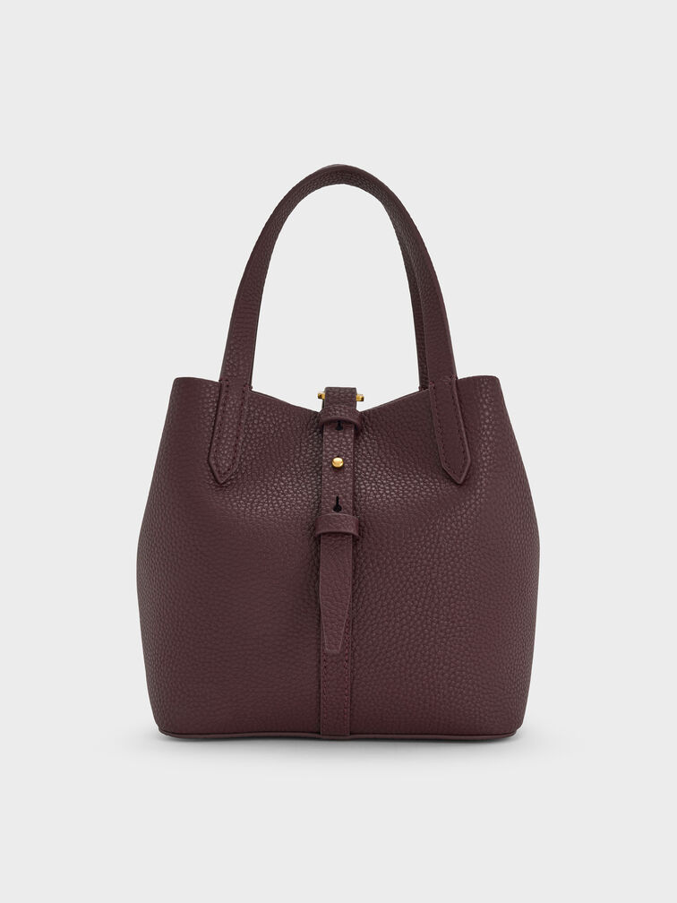 Beryl Recycled Leather Double-Handle Belted Bucket Bag, Wineberry Red, hi-res