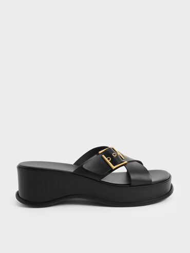 Buckled Crossover Curved Platform Sandals, Black, hi-res