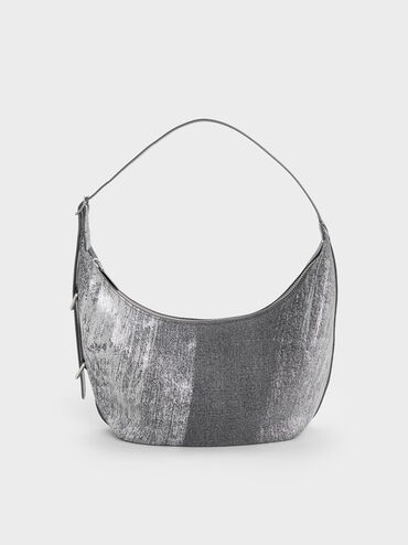 Bryna Denim Curved Hobo Bag, Silver Brushed Denim, hi-res