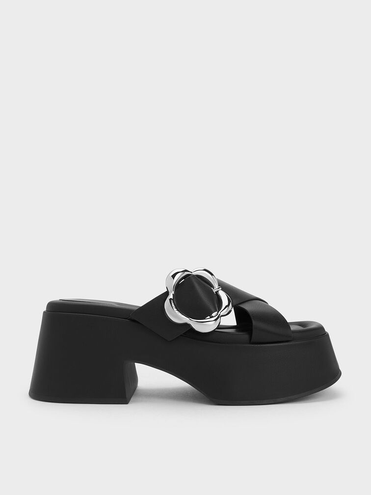 Flower-Buckle Crossover Platform Mules, Black, hi-res