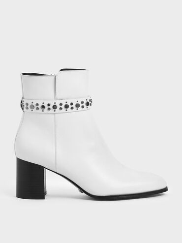 Leather Embellished Ankle Boots, White, hi-res
