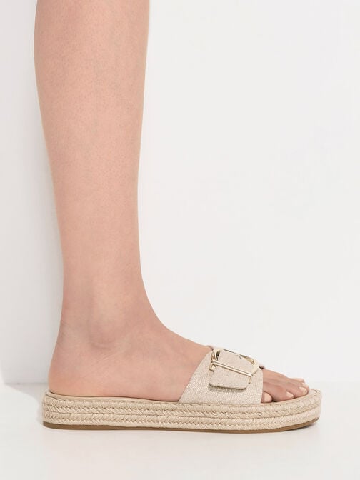 Linen Buckled Espadrille Flat Sandals, Beige, hi-res