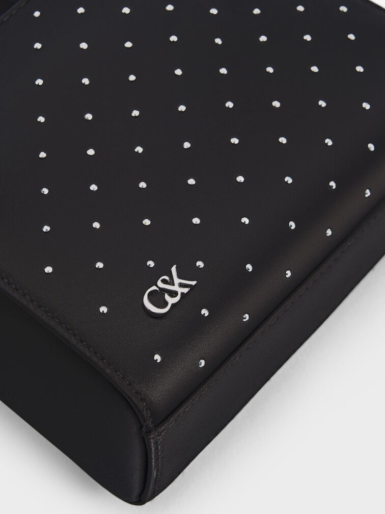 Satin Studded Knot-Bow Mini Bag, Noir Studded Satin, hi-res