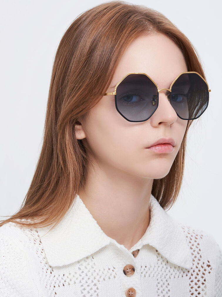 Hexagonal Wire-Frame Sunglasses, Black, hi-res