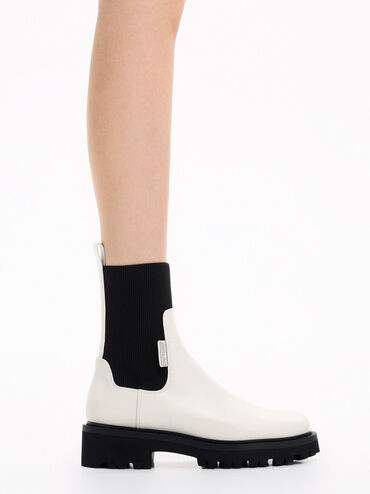 Two-Tone Knitted Sock Ridge-Sole Chelsea Boots, Chalk, hi-res
