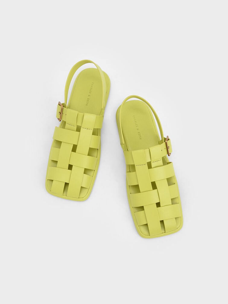 Metallic Buckle Caged Slingback Sandals, Lime, hi-res