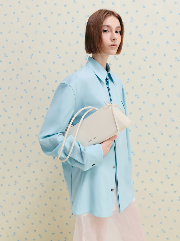 Hazel Bow Elongated Shoulder Bag, Cream, hi-res