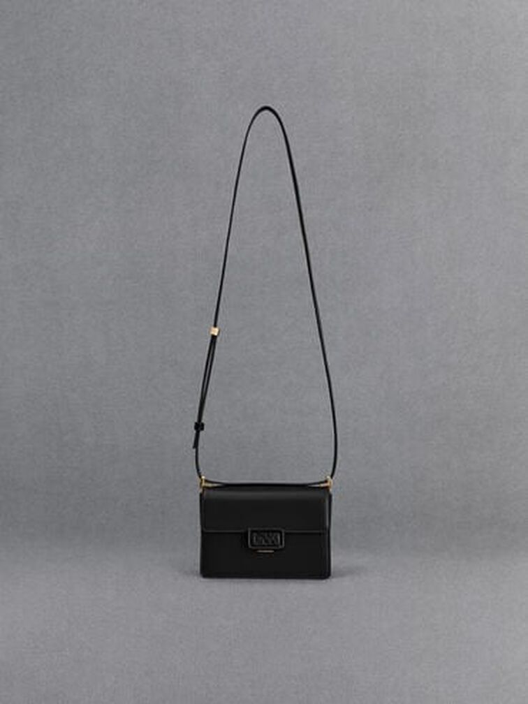 Leather Boxy Bag, Black, hi-res