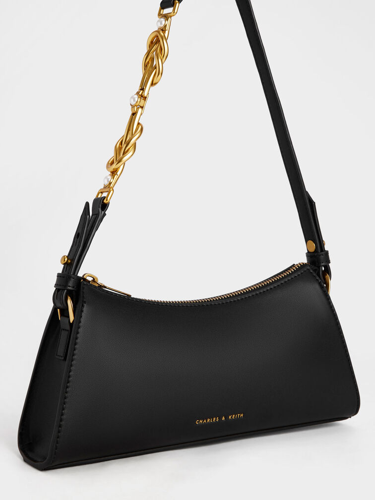 Metallic-Accent Strap Trapeze Bag, Black, hi-res