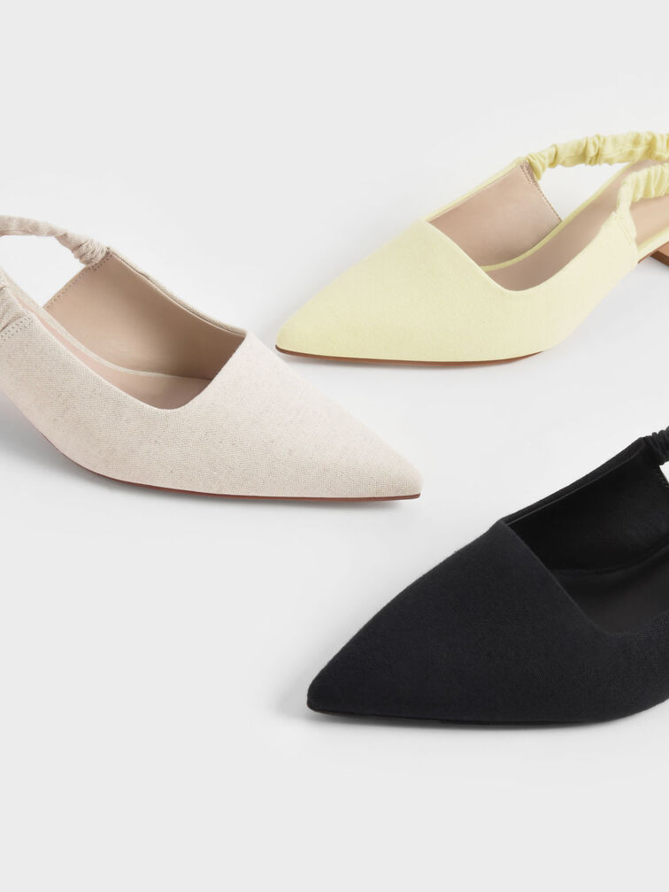 Linen Ruched Slingback Pumps, Yellow, hi-res