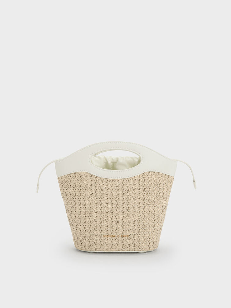 Raffia Drawstring Bucket Bag, White, hi-res