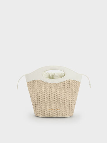 Raffia Drawstring Bucket Bag, White, hi-res