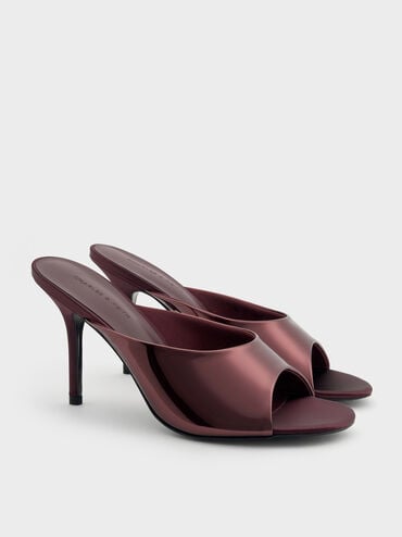 Patent Stiletto Mules, Burgundy, hi-res
