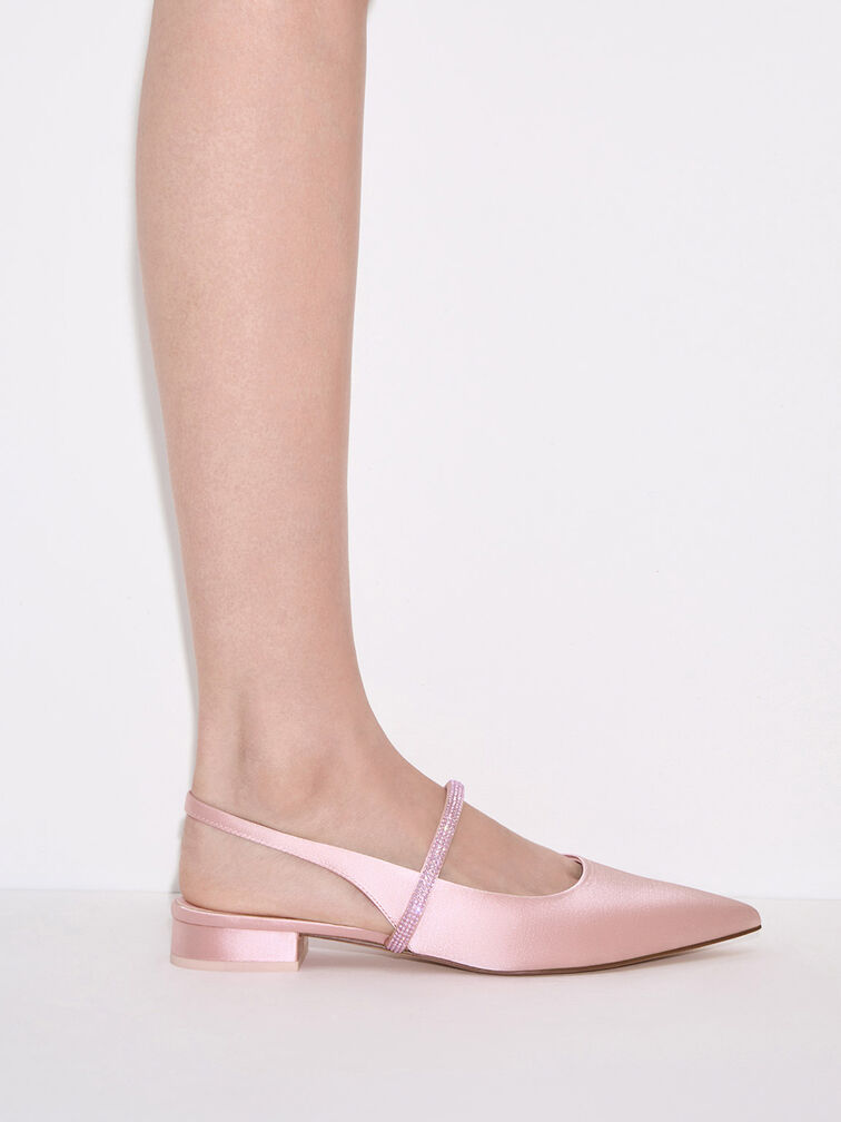 Satin Crystal-Strap Pointed-Toe Slingback Flats, Light Pink, hi-res