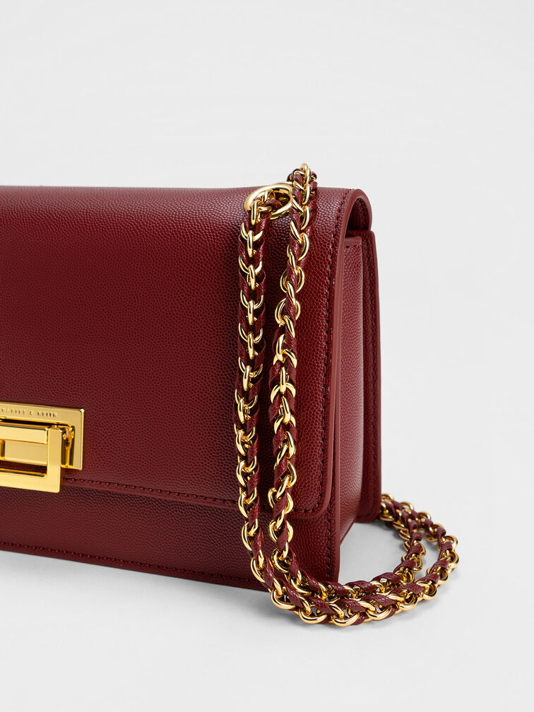 Metallic Accent Front Flap Bag, Burgundy, hi-res