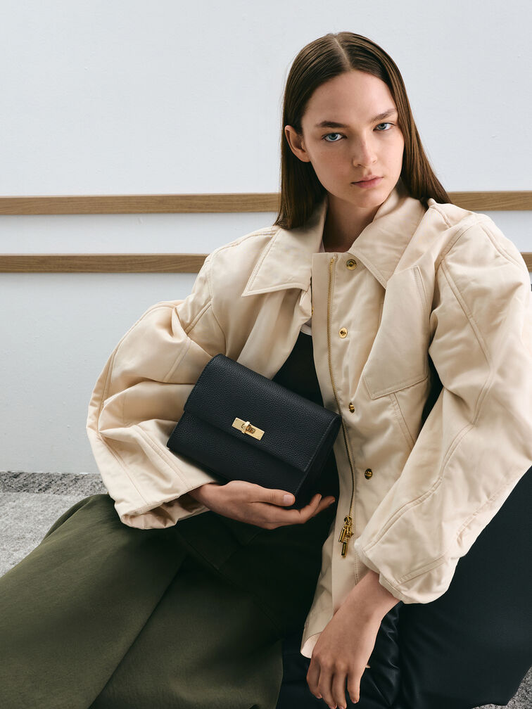 Chance Recycled Leather Turn-Lock Crossbody Bag, Black, hi-res