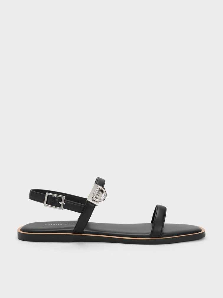 Double Metallic Buckle Sandals, Black, hi-res