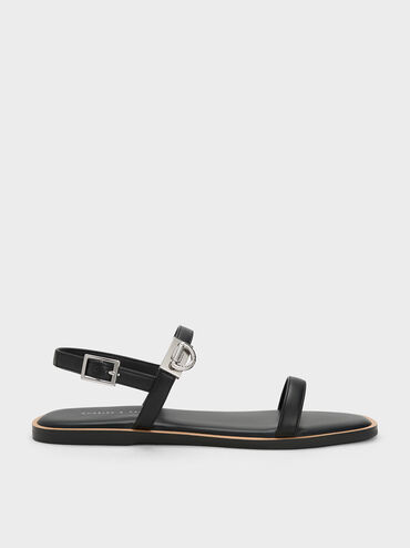 Double Metallic Buckle Sandals, Black, hi-res