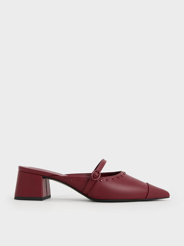 Studded Pointed-Toe Block Heel Mules, Burgundy, hi-res