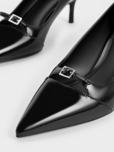 Buckle-Strap Pointed-Toe Pumps, Black Box, hi-res