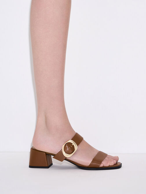 Oval Buckle-Accent Trapeze-Heel Mules, Cognac, hi-res