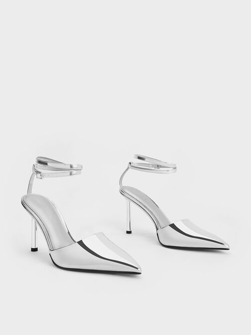 Metallic Patent Pointed-Toe Ankle-Strap Pumps, Silver, hi-res