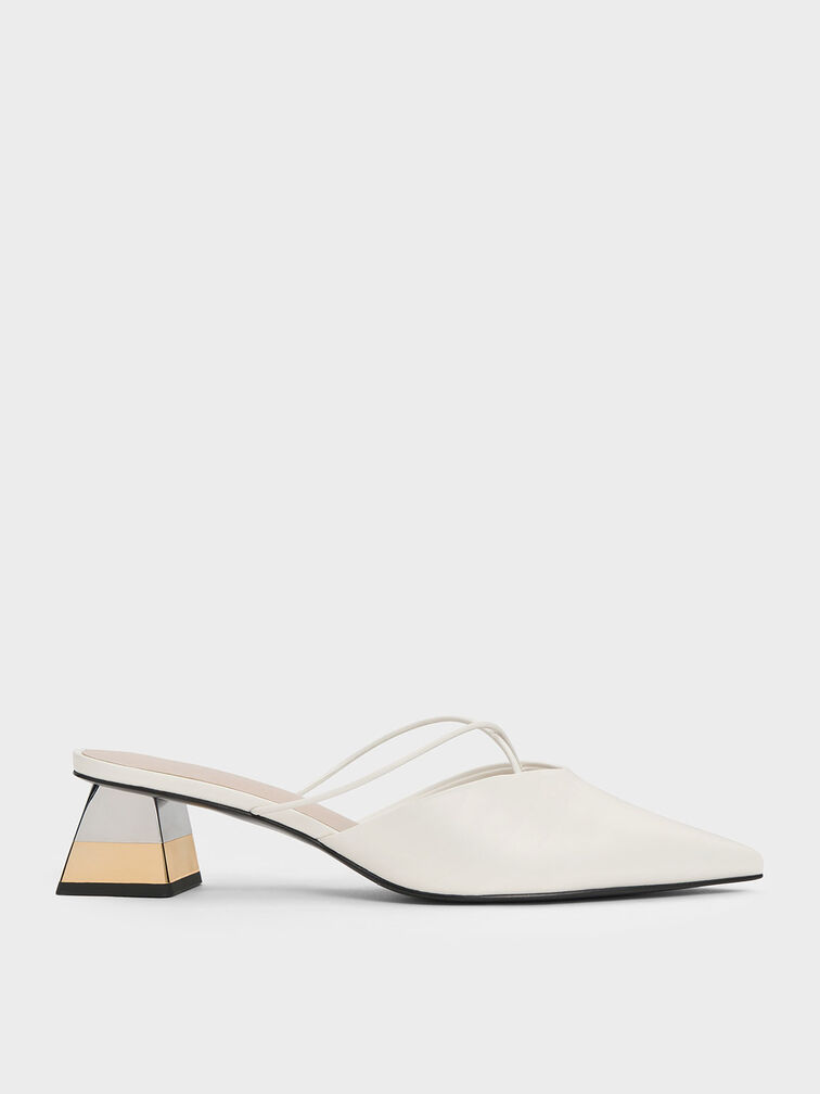 Metallic Trapeze Heel Crossover Mules, White, hi-res
