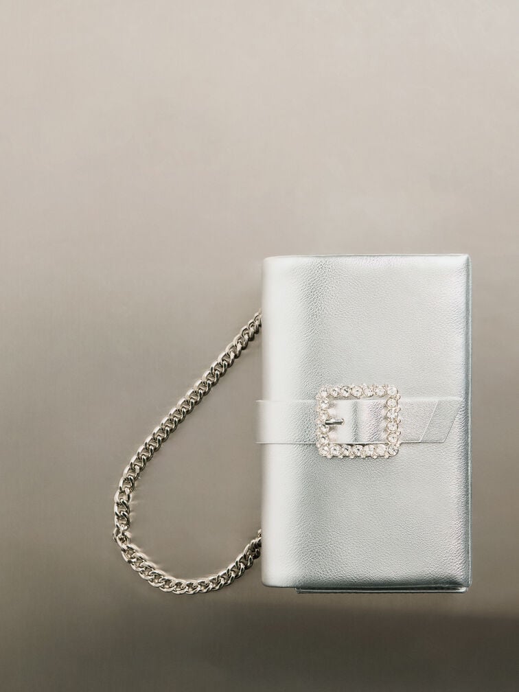 Metallic Crystal-Buckle Belted Chain-Handle Bag, Silver, hi-res