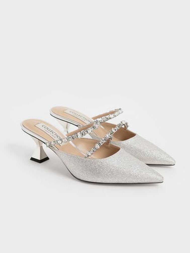 Wedding Collection: Gem-Encrusted Metallic Glittered Mules, Silver, hi-res