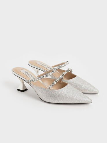 Wedding Collection: Gem-Encrusted Metallic Glittered Mules, Silver, hi-res